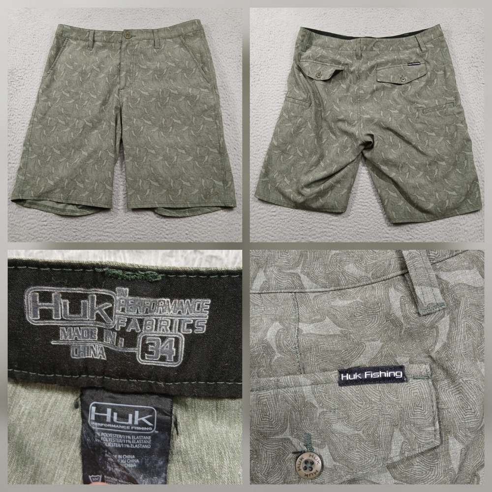 Huk Fishing Shorts Men's 34‎ Green Camo Performance Outdoor